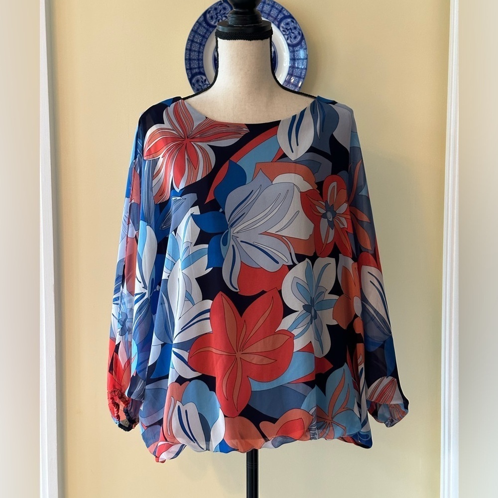 COCO BIANCO | Floral Blouse W/Split Sheer Dolman Sleeves and Elastic Waistband